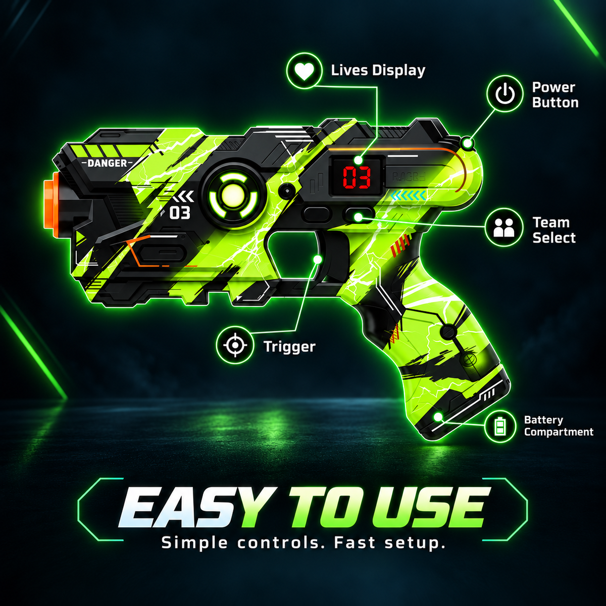 NeonStrike blaster – easy to use controls